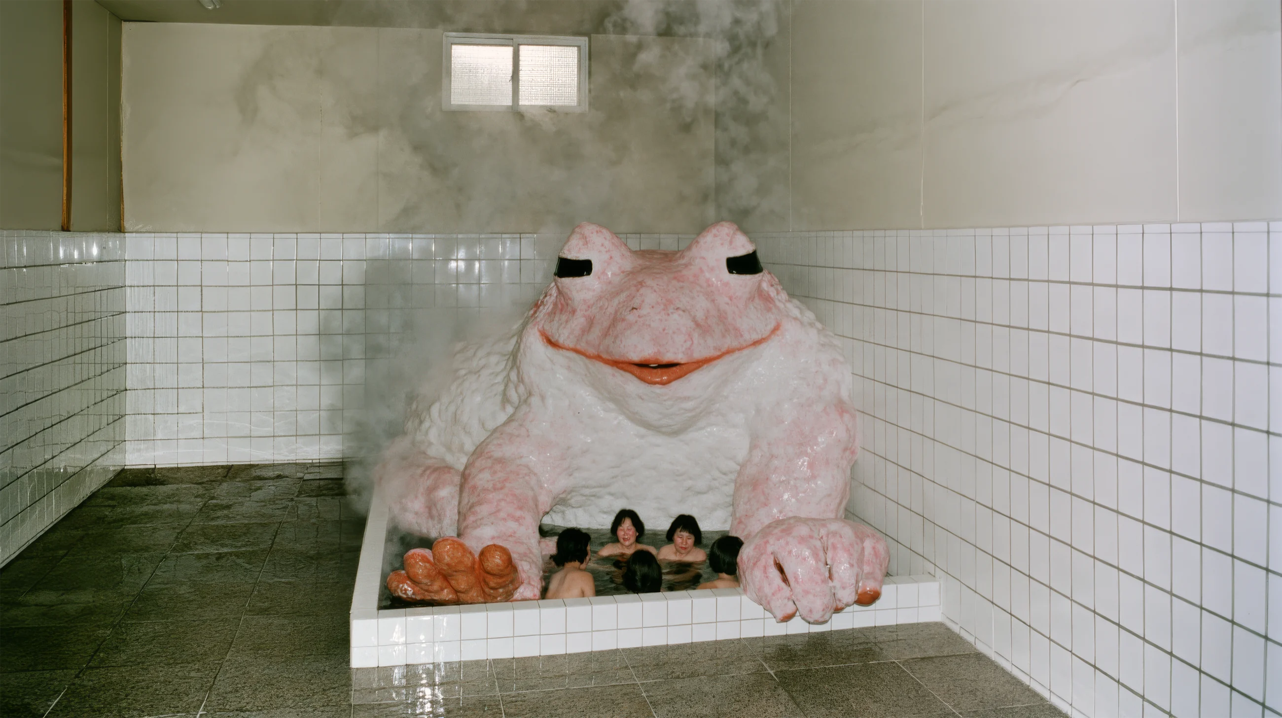 Everyday Absurdity, a giant pale pink frog sitting in a steamy white-tiled bathroom