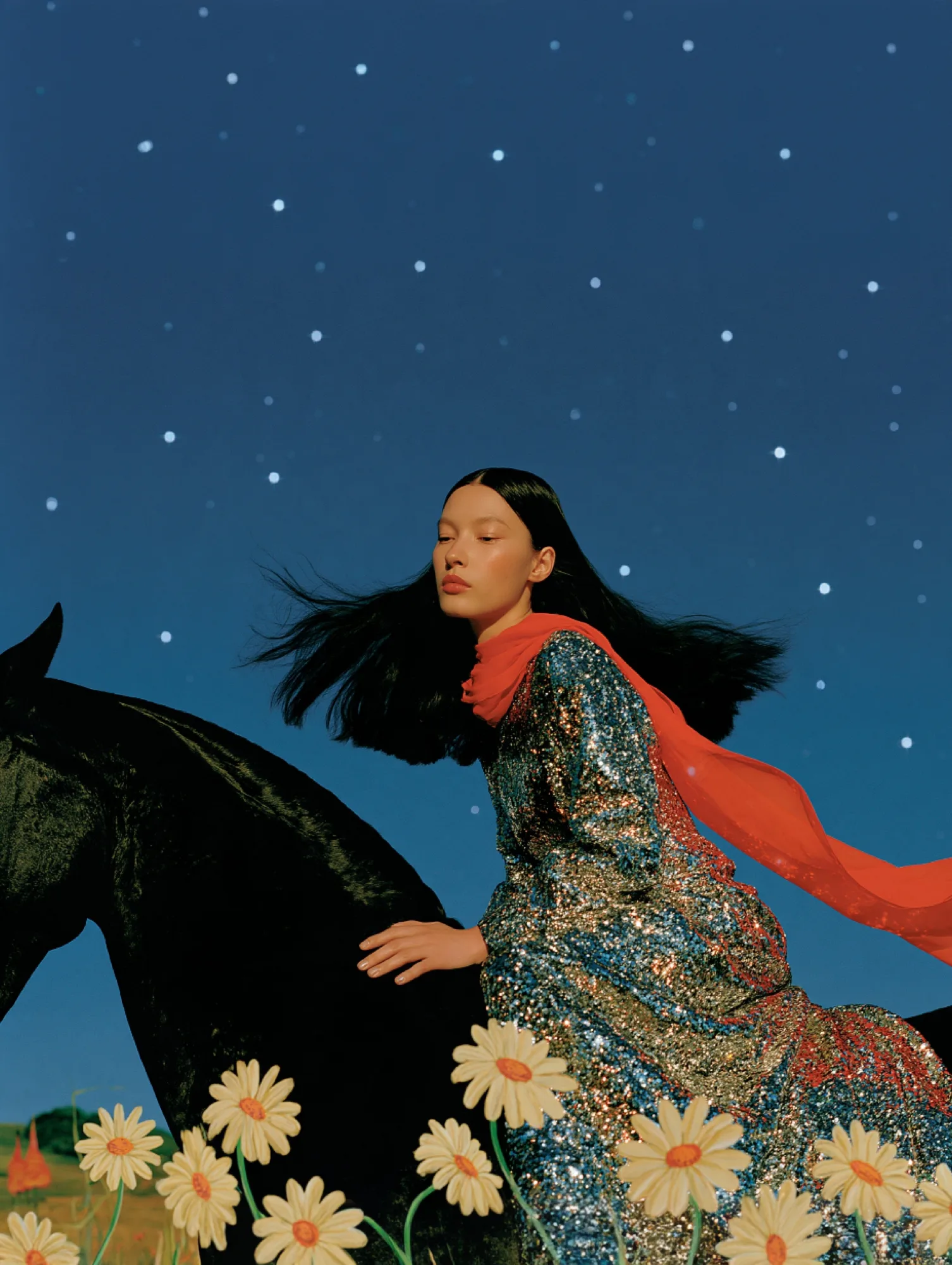 Sweet Dreams, a woman in a sequined dress on a black horse under a starry sky among daisies